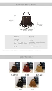 Dimensions et options de couleur pour le sac seau en daim à franges avec chaîne