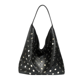Retro black leather hobo shoulder bag with silver metal eyelet studs and punk rivet style