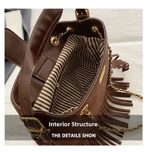 Vue détaillée de la doublure rayée, de la poche zippée et de la texture à franges du sac