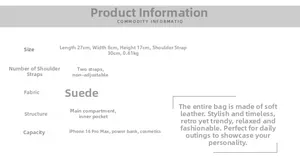 Detailed size specifications for the vintage suede shoulder bag with dimensions and capacity