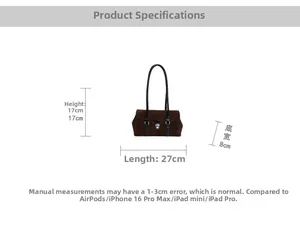 Detailed size chart for brown suede underarm bag showing length 27cm and height 17cm