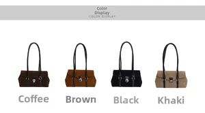 Color display of four vintage suede shoulder bags in coffee, brown, black, and khaki tones