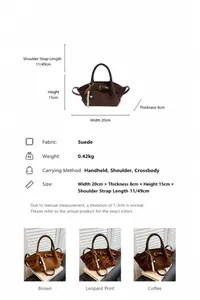 Detailed size guide and color options for the suede bucket bag with adjustable strap