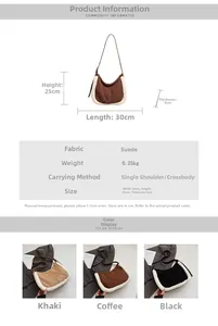 Detailed view of vintage hobo bag with fuzzy trim showing size specs and colors
