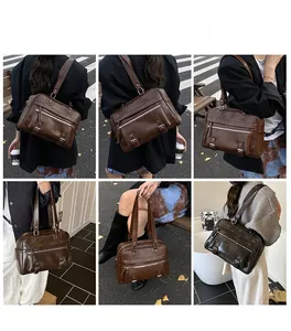 Collage of brown and black leather pillow bag showing shoulder, hand, and crossbody styles