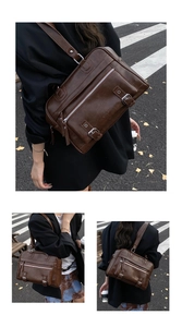 Detail of vintage brown leather pillow bag with silver buckles and embossed logo
