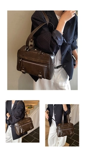 Detail of vintage brown leather pillow bag featuring metallic buckles and side pocket