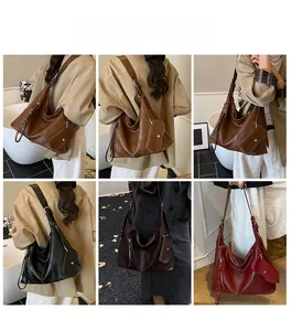 Detail shots of minimalist vintage leather tote bags showing various colors and wear angles