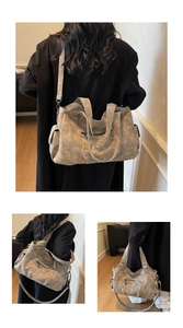 Three views showing the retro dark taupe tote bag in hand-carry and shoulder-strap styles