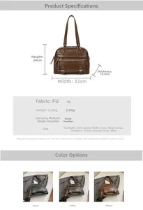 Detailed size specifications and three-color comparison of the large vintage PU tote bag