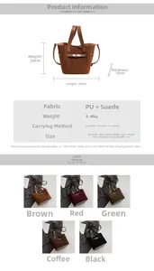Detailed dimensions and color options for the leather bucket bag with turn-lock buckle