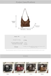 Detailed spec chart showing large PU leather tote bag dimensions and color options