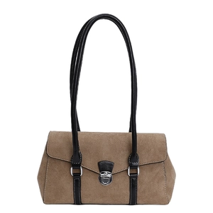 Retro brown suede tote bag with black leather straps and silver buckle detail