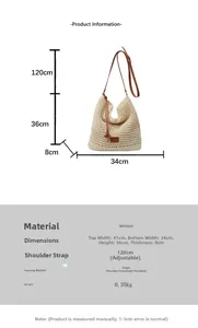 Size details of the beige woven tote bag with adjustable brown leather straps