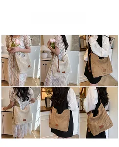 Close-up of woven hollow mesh tote bags in cream and khaki with premium leather straps