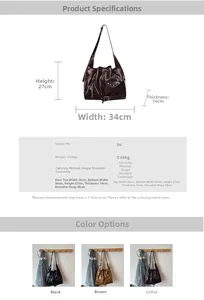 Detailed size specifications and material chart for the vintage studded bucket bag