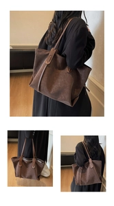 Detailed vertical collage of a large dark brown vintage tote bag worn by a model