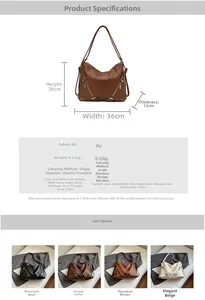 Detailed chart showing PU leather tote bag dimensions and four vintage color options