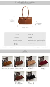 Spécifications détaillées de taille et tableau des matières du sac cabas vintage en daim