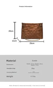 Detailed size chart for brown quilted faux suede tote bag with metal chain strap specs