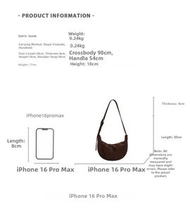 Size comparison of brown faux suede hobo bag with adjustable strap and measurements