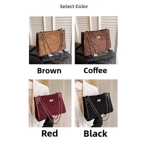 Detailed grid view of faux suede quilted tote bags in brown, coffee, burgundy and black colors