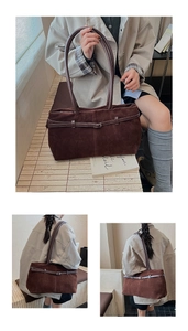 Détail du grand sac cabas en daim marron foncé avec fines bretelles et boucle en métal