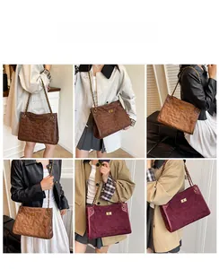 Multiple views of quilted tote bags in chocolate, khaki, and burgundy with chain straps