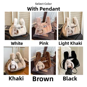 Detailed grid view of plush bucket bags with metal turn-lock and rabbit charm