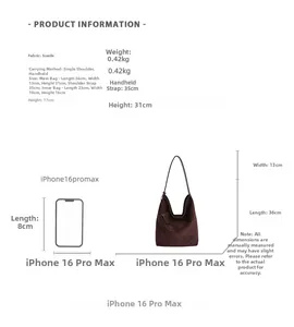 Size chart for suede tote bag set with detailed dimensions and carrying methods