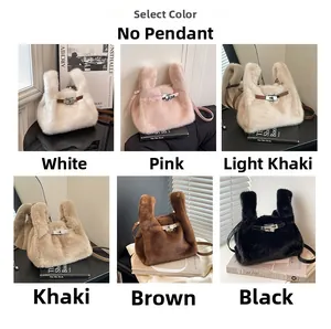 Collage of plush bucket bags with metal locks in six colors: white, pink, khaki, and black