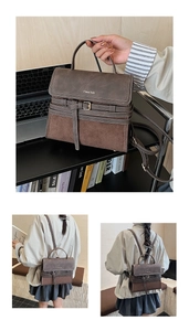 Detail view of coffee-colored retro paneling and metal buckle on square crossbody bag