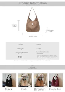 Detailed size specifications and color options for large capacity faux suede bucket bags