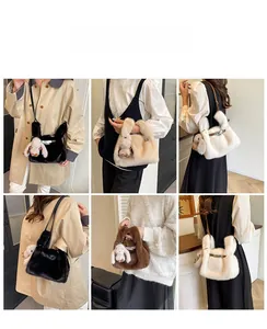 Detail view of plush crossbody bags with metal buckles and bunny charms in various colors