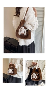 Detail of plush brown faux fur handbag featuring a cute white bunny pendant and leather strap