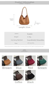 Detailed size chart and multi-color collage of suede minimalist tote bags