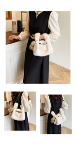 Detail of plush faux fur crossbody bag in beige featuring cute rabbit charm and leather buckle