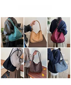 Collage of large tote bags in six colors including forest green, mustard, and wine red