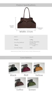 Detailed size chart and multi-color view of large capacity faux suede tote bag