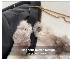 Detail view of magnetic snap closure on plush handbag with gold chain strap