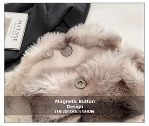 Detail showing the magnetic snap closure on a fuzzy faux fur crossbody handbag