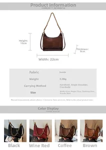 Size chart showing suede dumpling bag dimensions 22x15x8cm and available colors