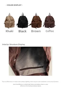 Close-up of the vintage canvas backpack interior lining and four available color options