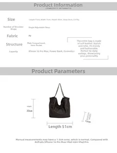 Tableau des tailles montrant les dimensions 51x15x30cm du grand sac cabas en cuir PU