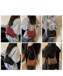 Three colors of retro crescent bags with gold chain straps and matte leather finish