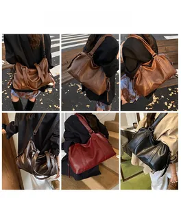 Collage of large leather tote bags in dark brown and wine red shown in lifestyle street shots