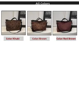 Three color options of large leopard print and solid tote bags with black handles
