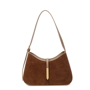 Braune Wildleder-Schultertasche in Halbmondform mit Lederbesatz und Goldverschluss