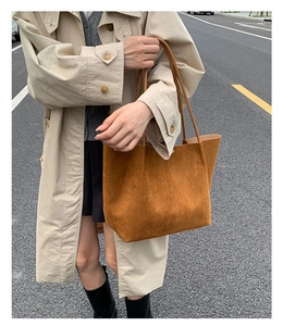 Brown suede shoulder tote bag for women, large capacity casual daily commuter handbag.