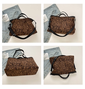 Detail view of large leopard print tote bag from multiple angles with adjustable strap